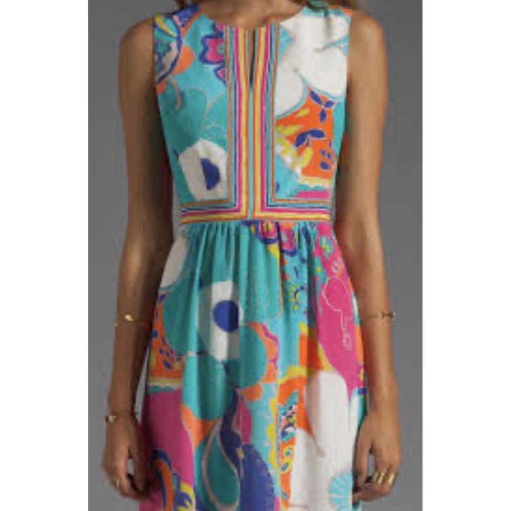 Trina Turk Crushes Sea Cove Tropical Floral Print Sleeveless Silk Dress 8 EUC